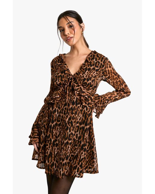 Boohoo Brown Leopard Ruffle Sleeve Mini Dress
