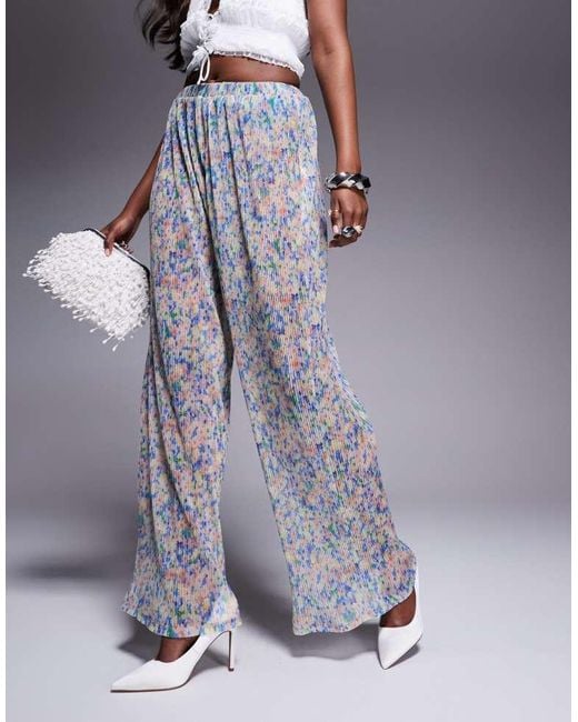 ASOS Blue Co-Ord Wide Leg Plisse Mesh Floral Trouser