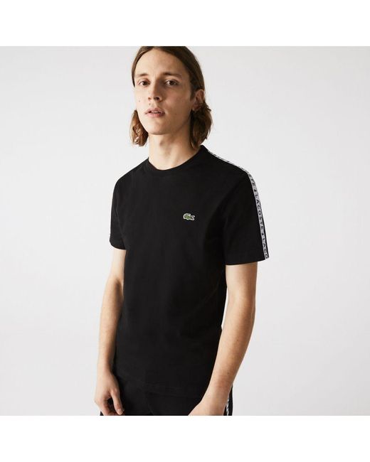 Lacoste Black Crew Neck Print Striped T-Shirt Cotton for men