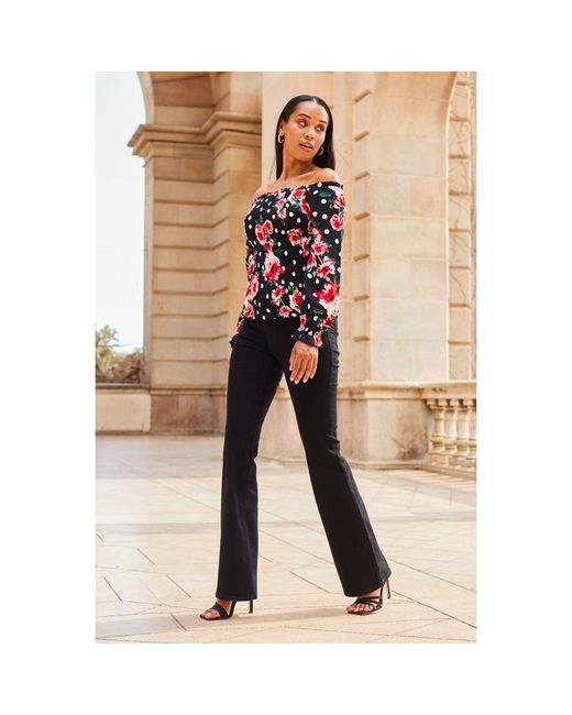 Sosandar Black Floral Print Shirred Body Bardot Top