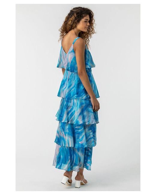 Roman Blue Abstract Print Tiered Maxi Dress
