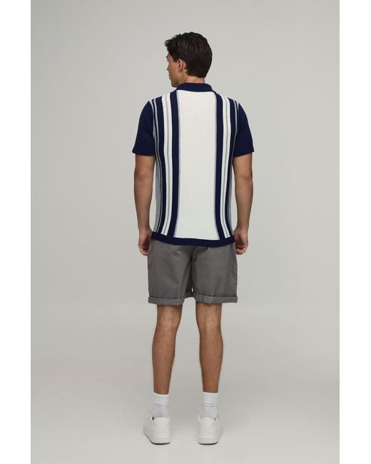 BoohooMAN Blue Regular Fit 1/4 Zip Striped Knitted Polo for men