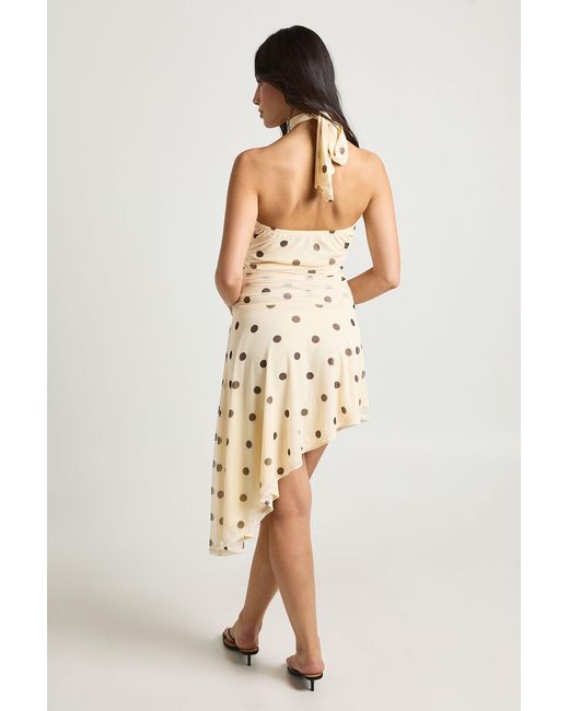 Boohoo Natural Polka Dot Printed Mesh Halterneck Cinced Waist Asym Hem Dress