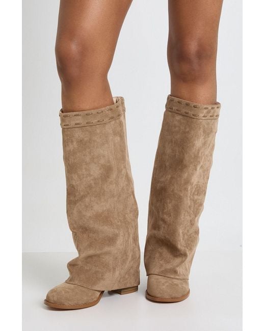 Boohoo Brown Wide Fit Fold Over Block Heel Knee High Boots