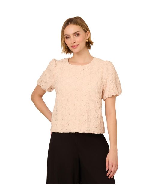 Adrianna Papell Black Floral Motif Crochet Texture Crew Neck Woven Shirt