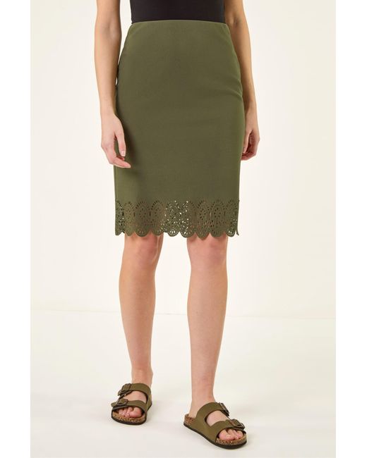 Roman Green Lasercut Hem Pencil Skirt
