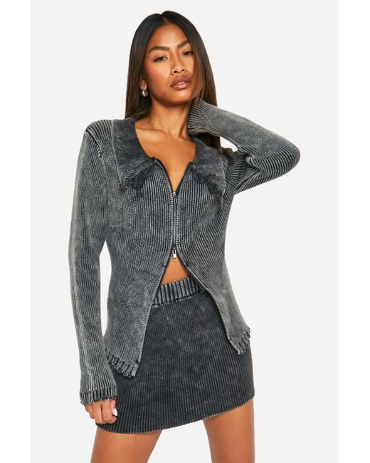 Boohoo Black Acid Wash Double Zip Polo Collar Rib Cardigan