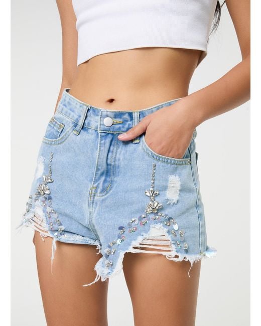 Pink Vanilla Blue Denim Embellished Distressed Shorts