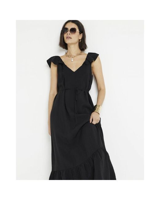 River Island White Shift Maxi Dress Belted Frill Sleeve Viscose