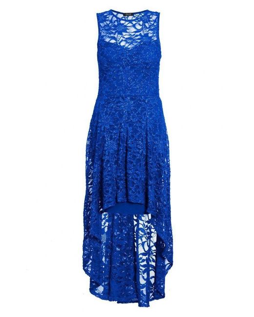 Quiz Blue Royal Glitter Lace Dip Hem Dress