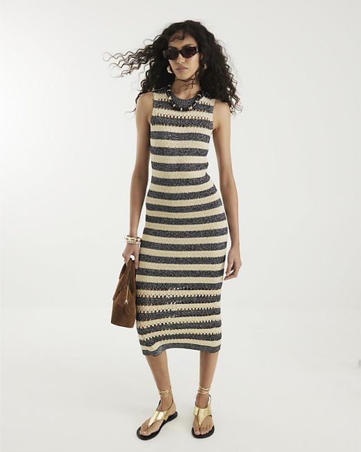 River Island White Midi Dress Metal Crochet Metallic Stripe
