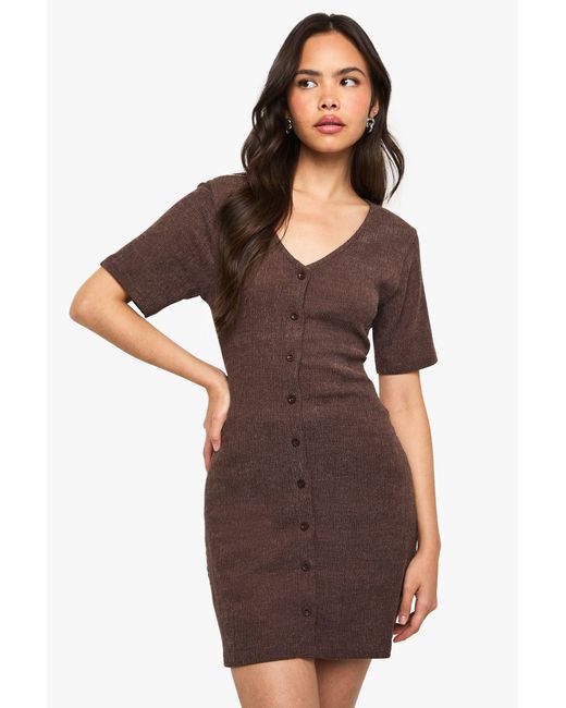 Boohoo Brown Crinkle Ribbed Button Through Cap Sleeve A Line Mini Dress