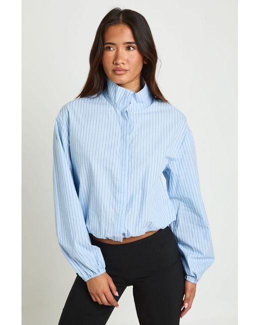Boohoo Blue Stripe Poplin Funnel Neck Shirt