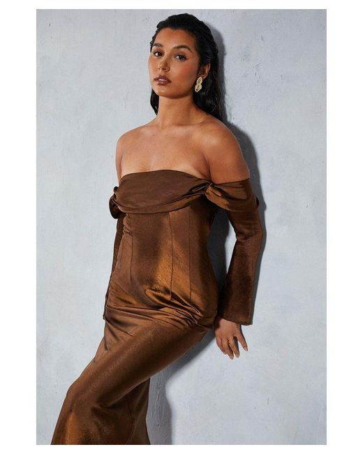 MissPap Brown Satin Bardot Flared Sleeve Maxi Dress