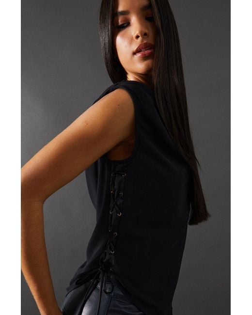 Warehouse Gray Chiffon Lace Up Detail Slash Neck Top