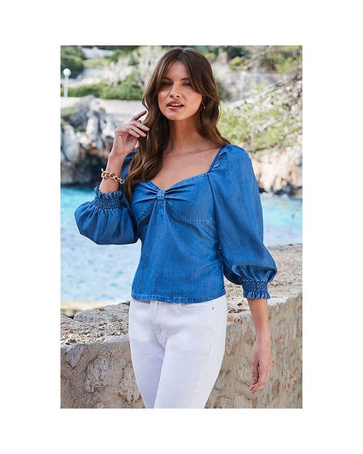 Sosandar Blue Twist Front Denim Top