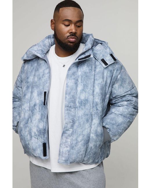 BoohooMAN Blue Plus Oversized Fit Washed Nylon Hooded Funnel Neck Duvet Puffer Jacket for men