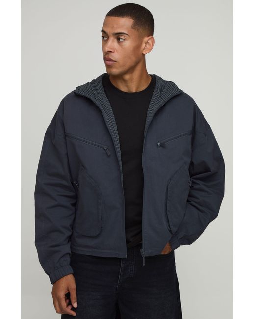 BoohooMAN Blue Boxy Fit Hooded Reversible Check Cagoule for men