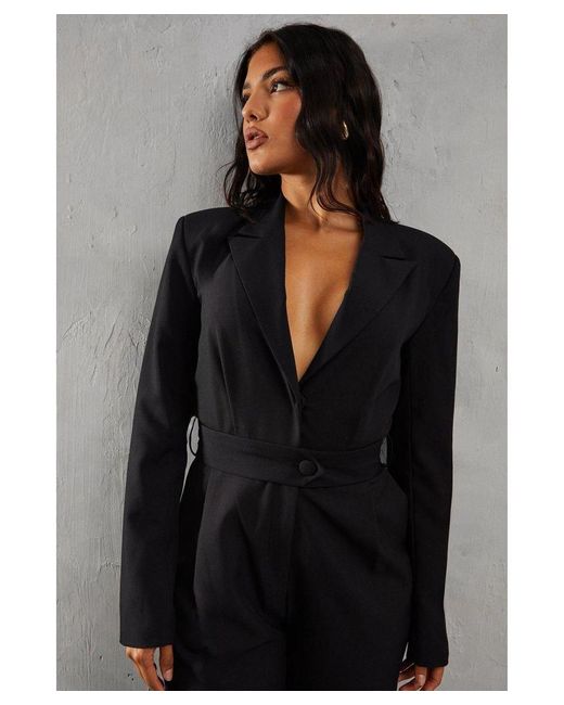 MissPap Black Tailored Collared Belted Long Sleeve Straight Leg Jumpsuit