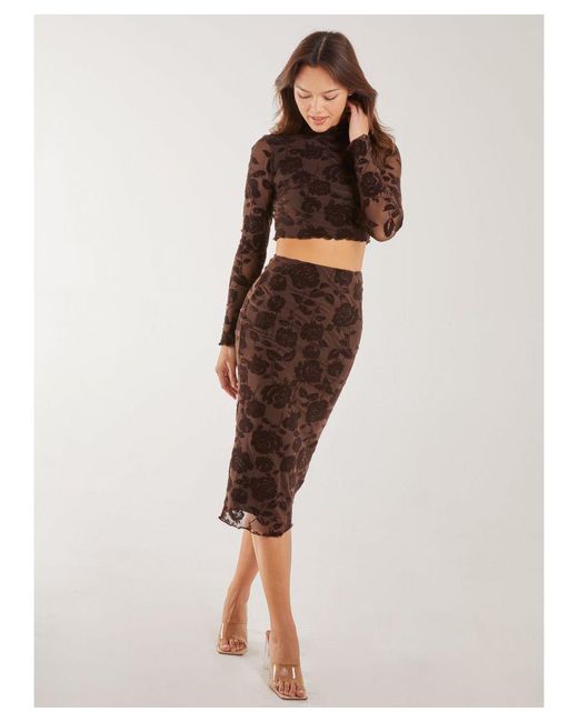 Pink Vanilla Brown Flock Floral Long Sleeve Top