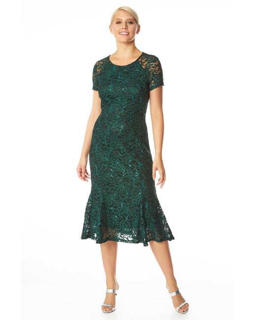 Roman Green Metallic Lace Sequin Midi Dress