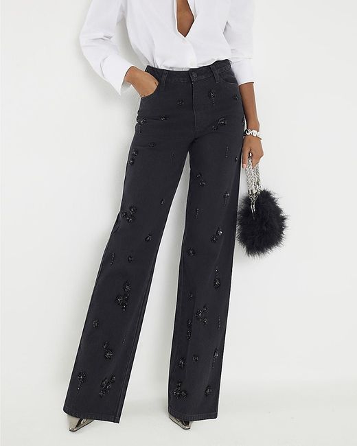 River Island Blue Straight Jeans Relaxed Embellished Cotton