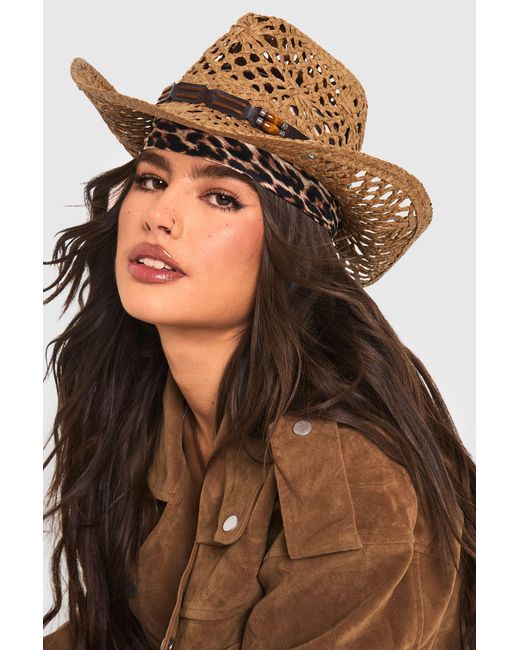 Boohoo Brown Beaded Trim Straw Western Cowboy Hat