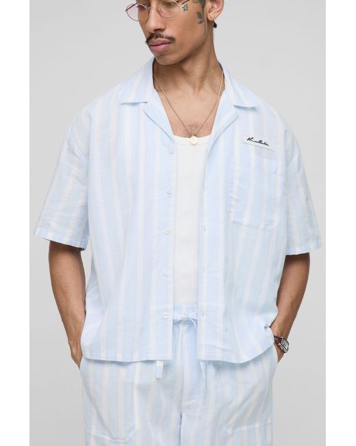 BoohooMAN White Oversized Boxy Linen Look Stripe Pocket Detail Shirt for men