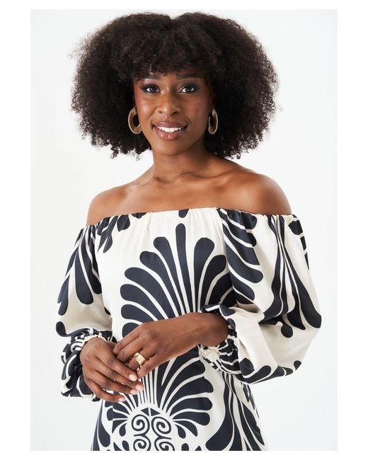 Gini London White Bardot Mono Print Maxi Dress