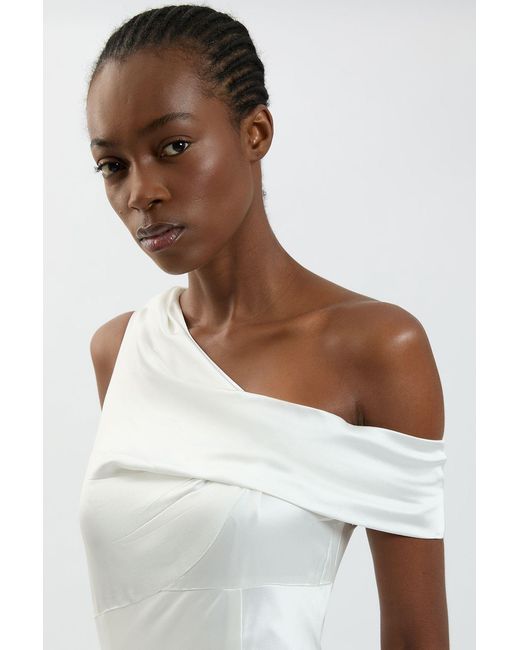 Karen Millen White Viscose Satin Asymmetric Shoulder Maxi Dress