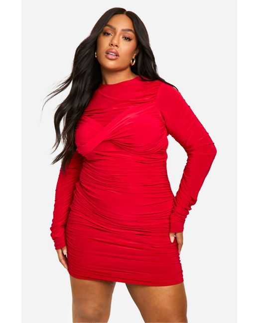 Boohoo Red Plus Slinky Twist Detail Ruched Mini Dress