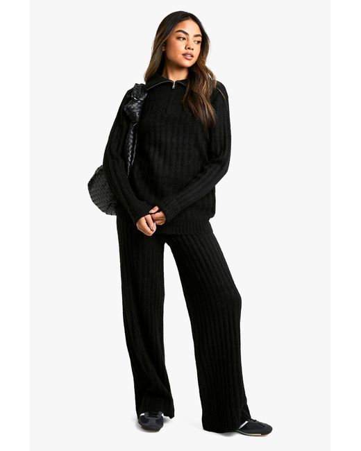 Boohoo Black Soft Knit Thick Rib Zip Neck Oversized Jumper And Wide Leg Trouser Set