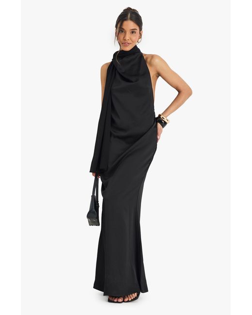 Boohoo Black Satin Maxi Dress With Chiffon Scarf