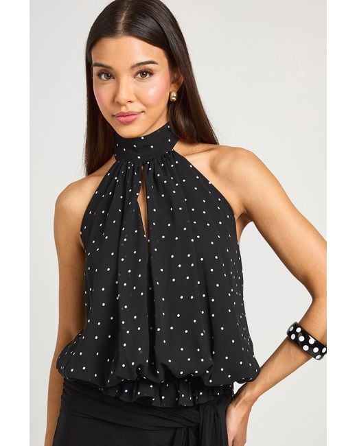 Boohoo Black Polka Dot Chiffon Keyhole Halterneck Top