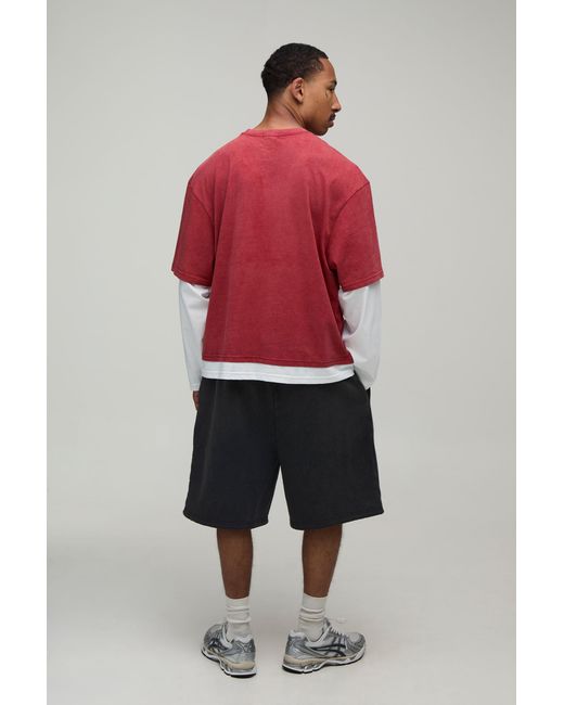 BoohooMAN Red Essential Washed Regular Fit Faux Layer Long Sleeve T-Shirt for men