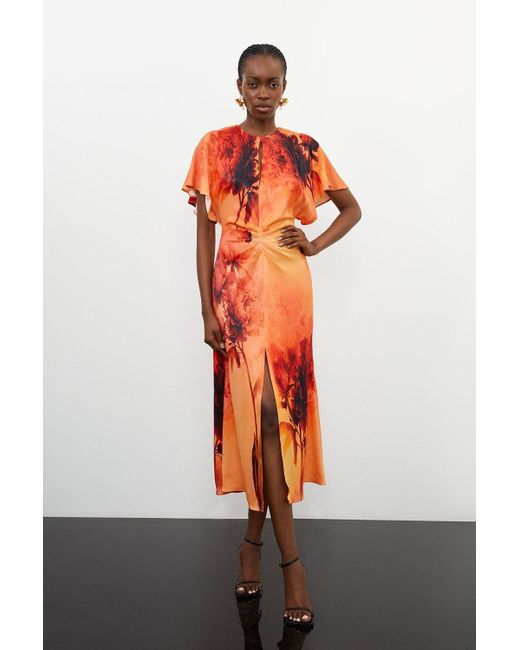 Karen Millen Orange Floral Print Satin Crepe Woven Angel Sleeve Midi Dress