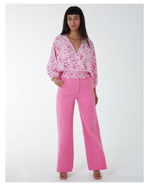 Blue Vanilla Pink Elasticated Sleeve Wrap Front Elastic Hem Top