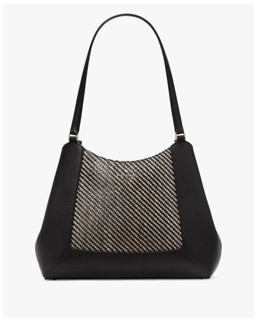 Kate Spade Black Lena Two Tone Straw Large Triple Compartment Shoulder Bag
