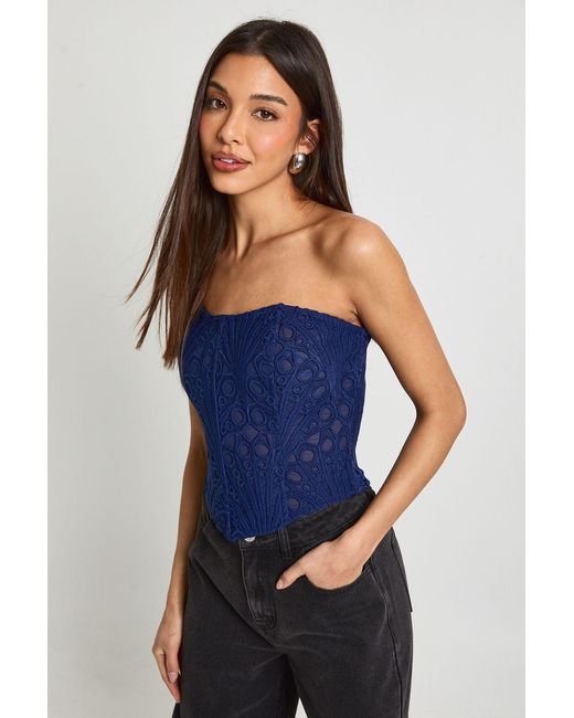 Boohoo Blue Sheer Lace Bandeau Corset Top