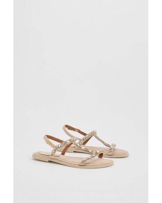 Oasis Natural Mayla Faux Suede Embellished T Bar Flat Sandals