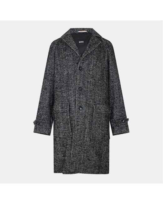Boss Gray Herringbone Tweed Coat With Flap Pocket And Button Placket for men