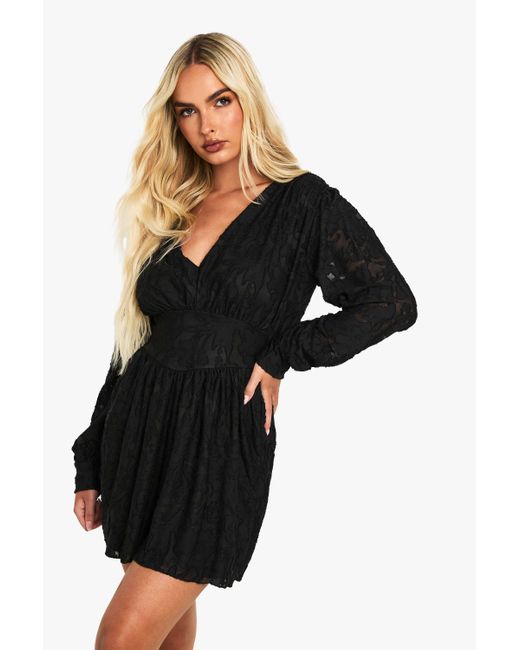 Boohoo Black Burnout Floral Long Sleeve Skater Dress