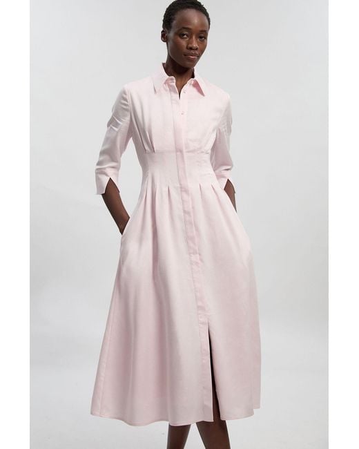 Karen Millen Pink Tailored Linen Darted Waist Midi Dress