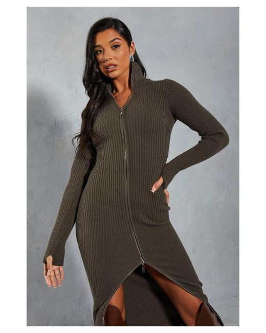 MissPap Gray Knitted Ribbed Zip Through Maxi Dress