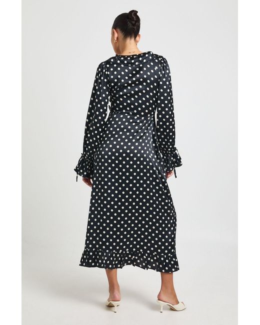 Boohoo Black Polka Dot Print Ruffle Wrap Midi Dress