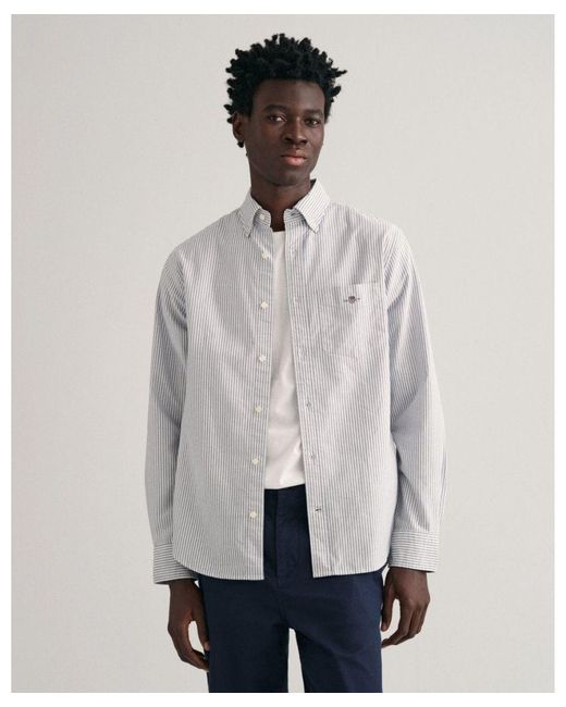 Gant White Regular Fit Long Sleeve Oxford Banker Stripe Shirt for men
