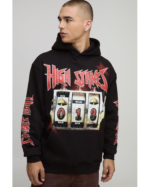 BoohooMAN Gray Oversized Slot Machine Printed Hoodie for men