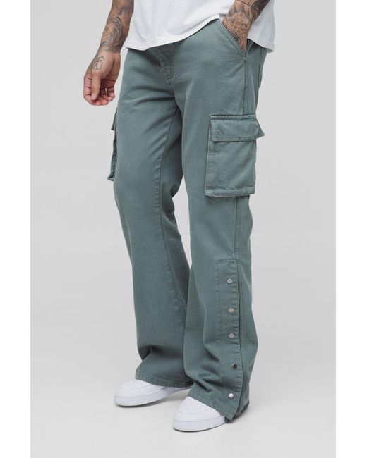 BoohooMAN Blue Tall Relaxed Flare Overdye Popper Hem Cargo Trouser for men