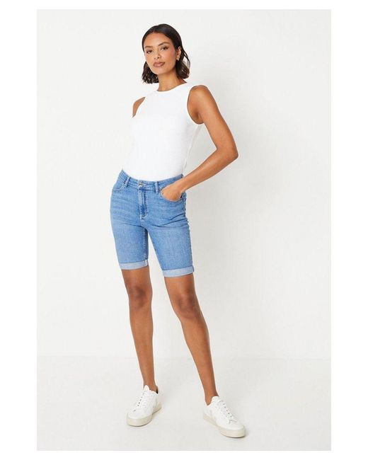 Dorothy Perkins Blue Petite Stretch Denim Knee Shorts