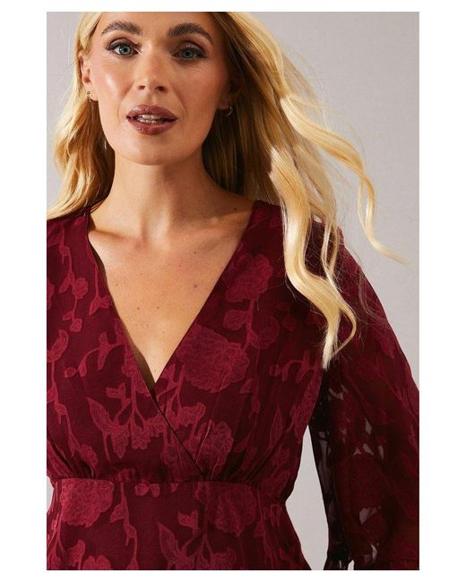 Wallis Red Petite Occasion Jacquard Ruffle Wrap Blouse